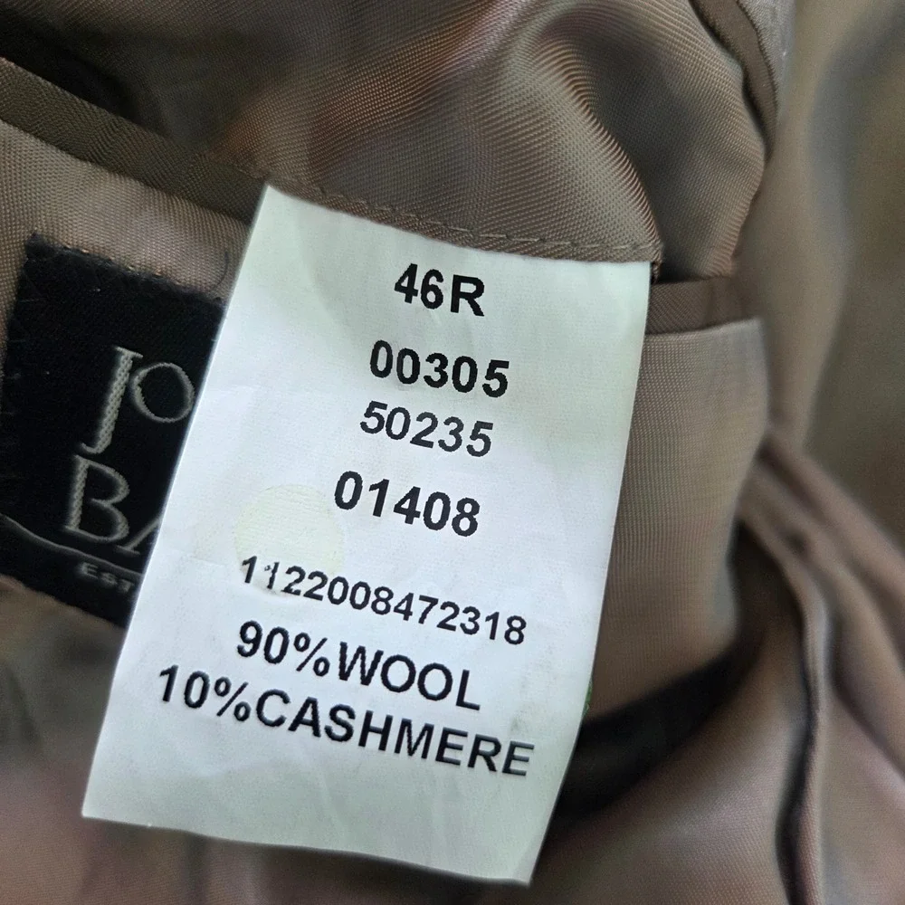 Jos A Bank Sport Coat 46R Brown 90 Wool 10 Cashmere Men's Blazer 2 Button